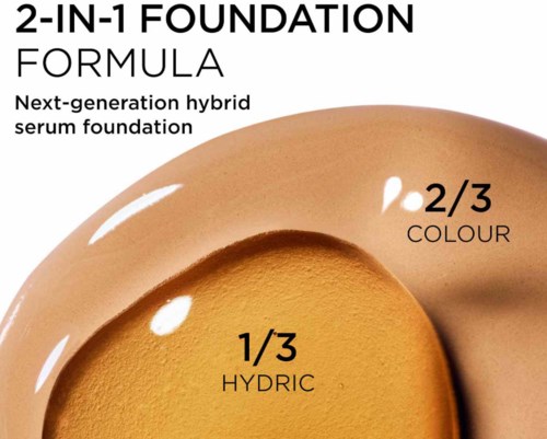 Bilden visar en makeupfoundation med en etikett som förklarar dess tvådelade formula: två tredjedelar färg och en tredjedel hydric.