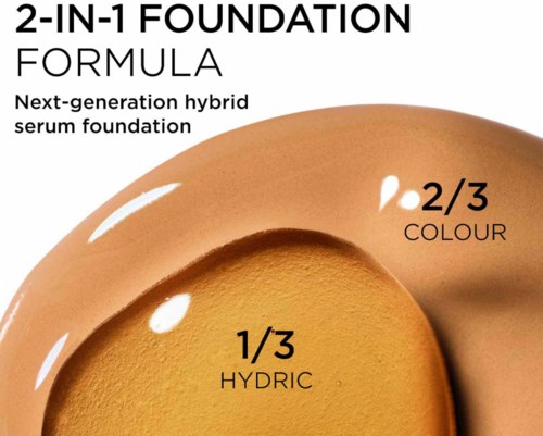 Det är en reklam för en 2-i-1 foundation som visar delar av en flaska och beskriver dess formula och funktioner.
