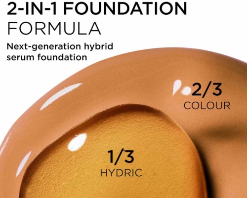 Texten förklarar en foundationprodukt med en tredelad färg- och hydratiseringsformel.