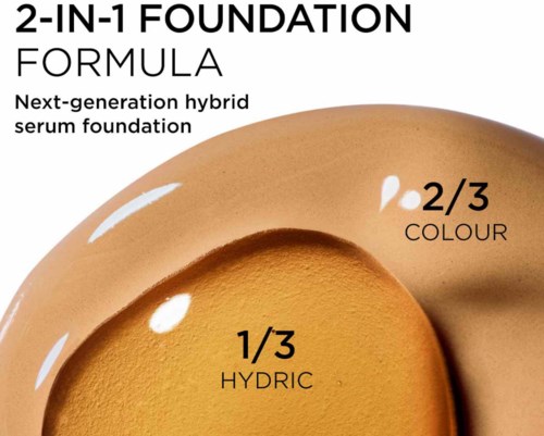 Texten förklarar en makeupgrund med två delar: hydric och färg, nästa generations hybrid serumgrund.