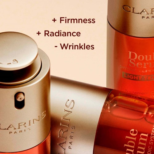 Tuotteiden pullot sisältävät edut: +Fermess, +Radiance, -Wrinkles. Clarins Parisin ihonhoitotuotteet. Keskittyminen ihon parantamiseen.