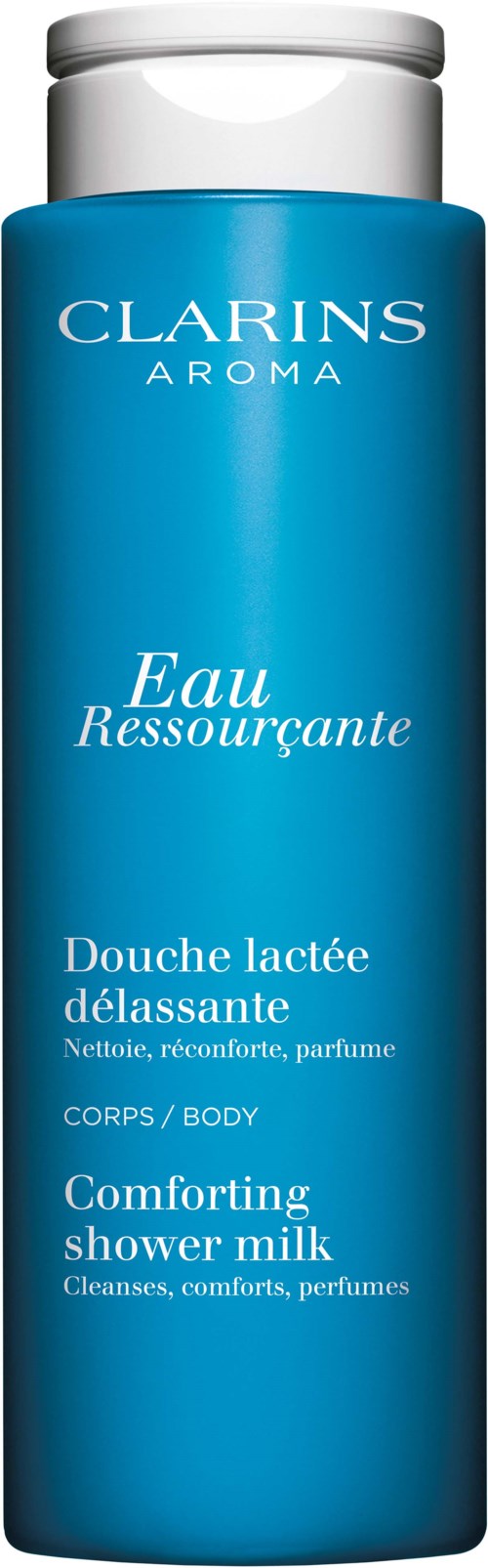 Pitkä sininen pullo, jossa on valkoinen korkki, ja siinä lukee 'Clarins Aroma Eau Ressourçante' ja 'Comforting shower milk.'
