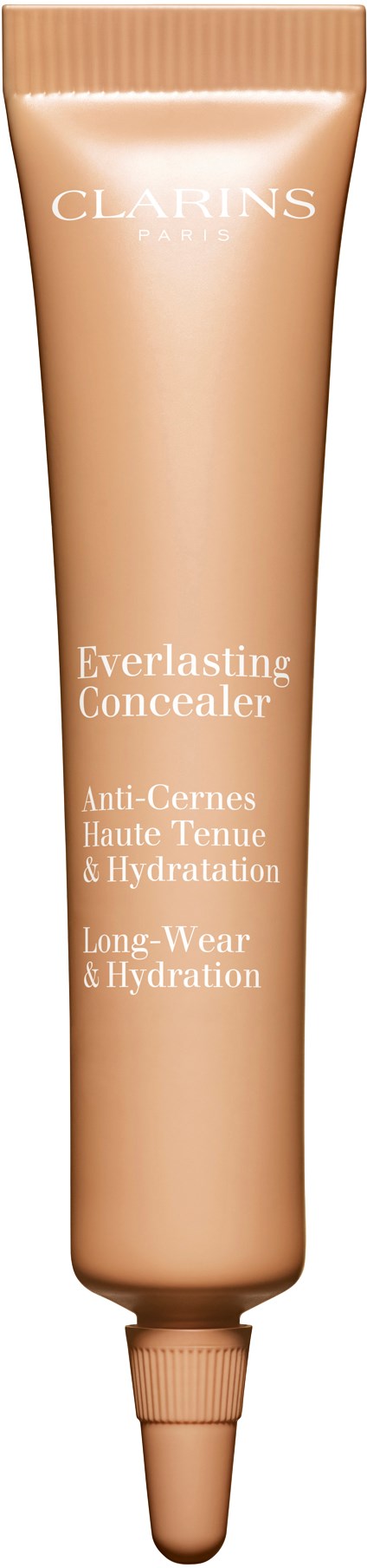 Beige putki Clarins Everlasting Concealer, joka tarjoaa pitkäkestoisuutta ja kosteutusta, sisältää ominaisuustekstiä.