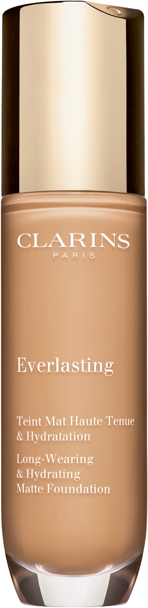 A bottle of Clarins Everlasting matte foundation, in beige color with a gold cap, labeled for long wear and hydration.
