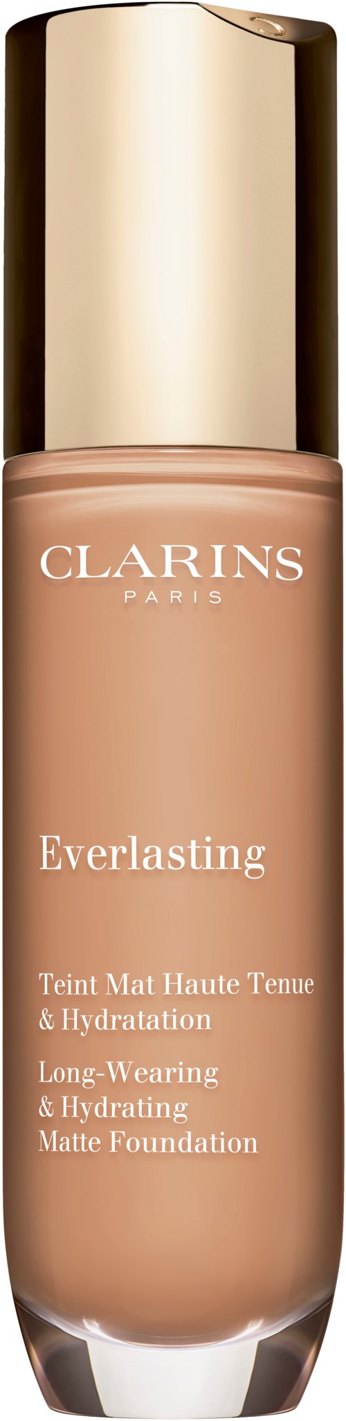 A bottle of Clarins Everlasting matte foundation with a gold cap on a black background.