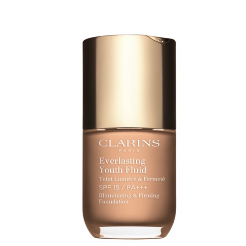 A foundation bottle with a shiny gold cap and beige liquid inside, labeled Clarins Everlasting Youth Fluid.