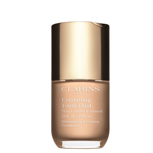 A bottle of Clarins Everlasting Youth Fluid foundation with a gold cap and beige liquid inside.
