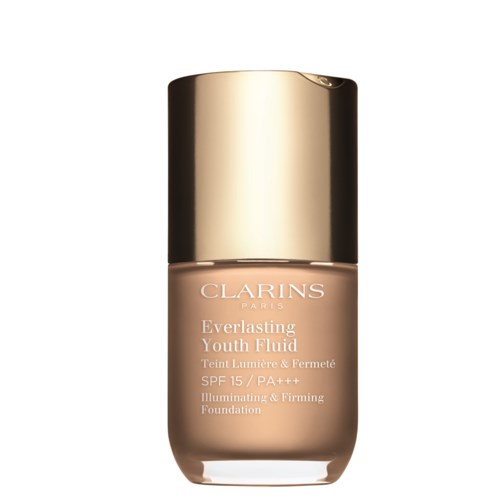 En Clarins-foundationsflaska med guldkapsel, märkt 'Everlasting Youth Fluid', ger ett slätt, glödande utseende.