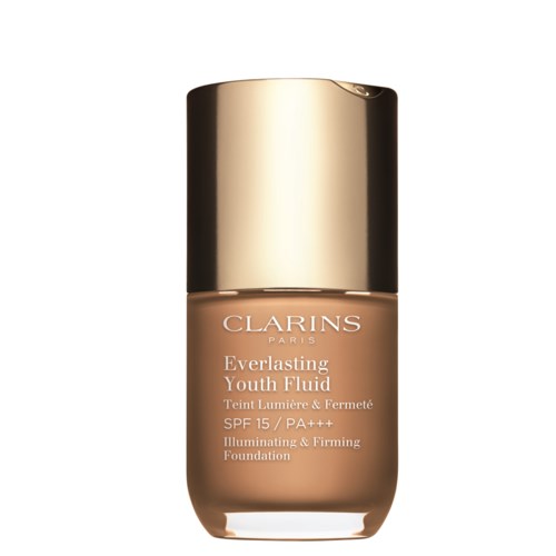 A foundation bottle with a gold cap, labeled as Clarins Everlasting Youth Fluid, SPF 15, for skin glow.