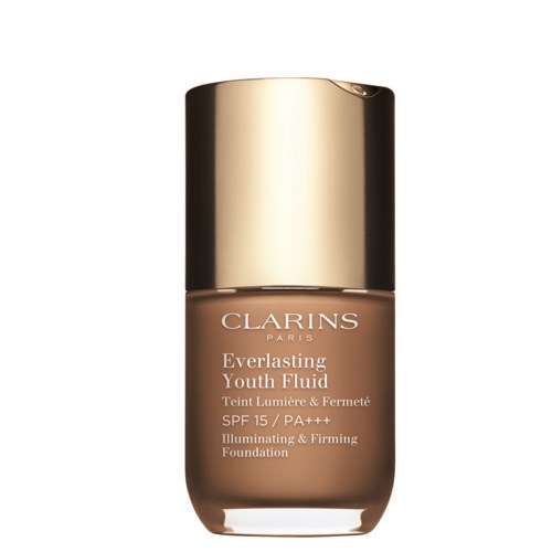 A foundation bottle with a gold cap and beige liquid inside, labeled as Clarins Everlasting Youth Fluid.