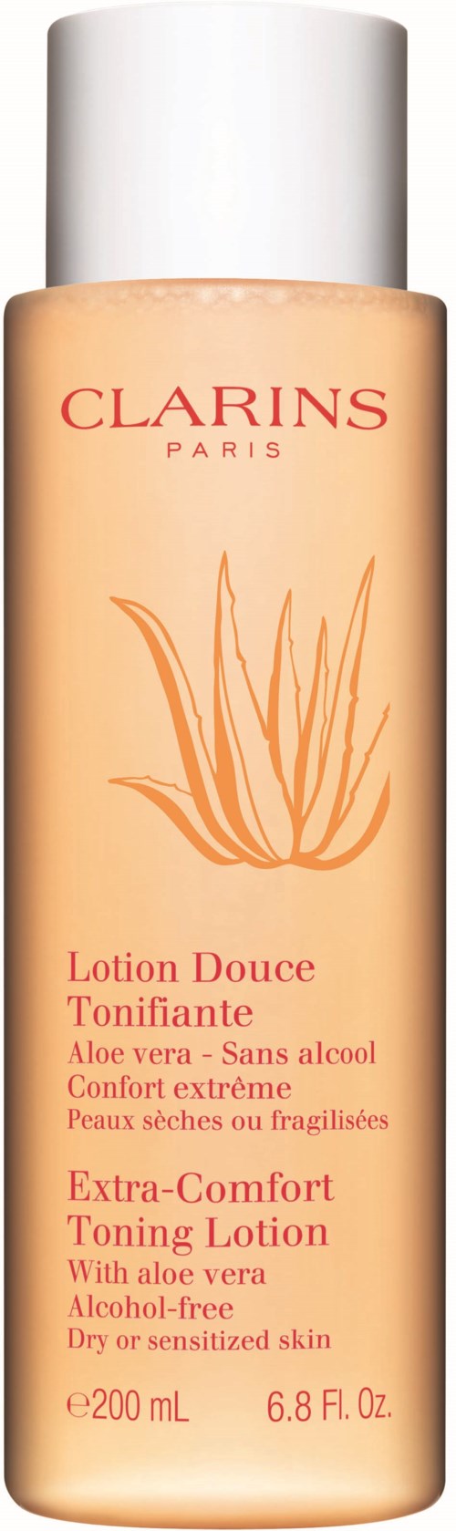 En lang flaske med Clarins Extra-Comfort Toning Lotion med aloe vera, alkoholfri, til tør eller følsom hud.