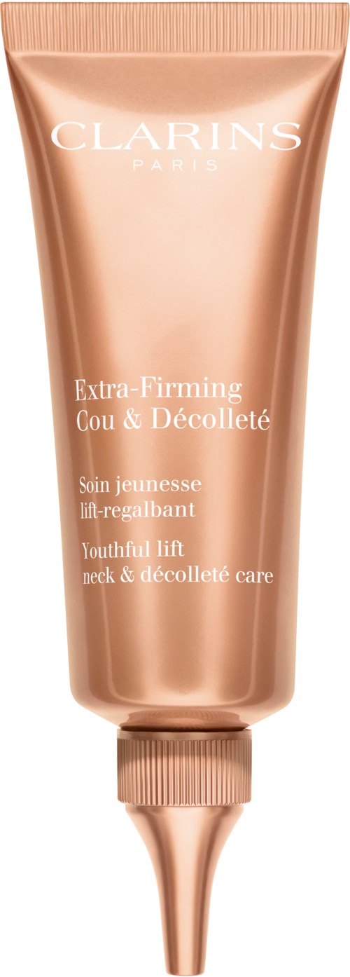 En roséguldfärgad tub med Clarins ansiktskräm för ungdomlig och fast hud, med spetsig applicator.