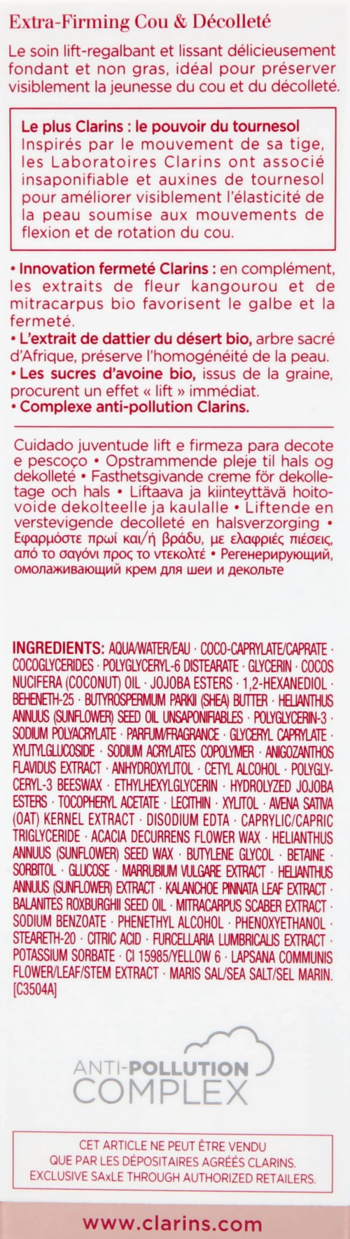 En etikett på en flaska med produktbeskrivning, ingredienslista och säkerhetsinformation på franska och bilder av varumärket.