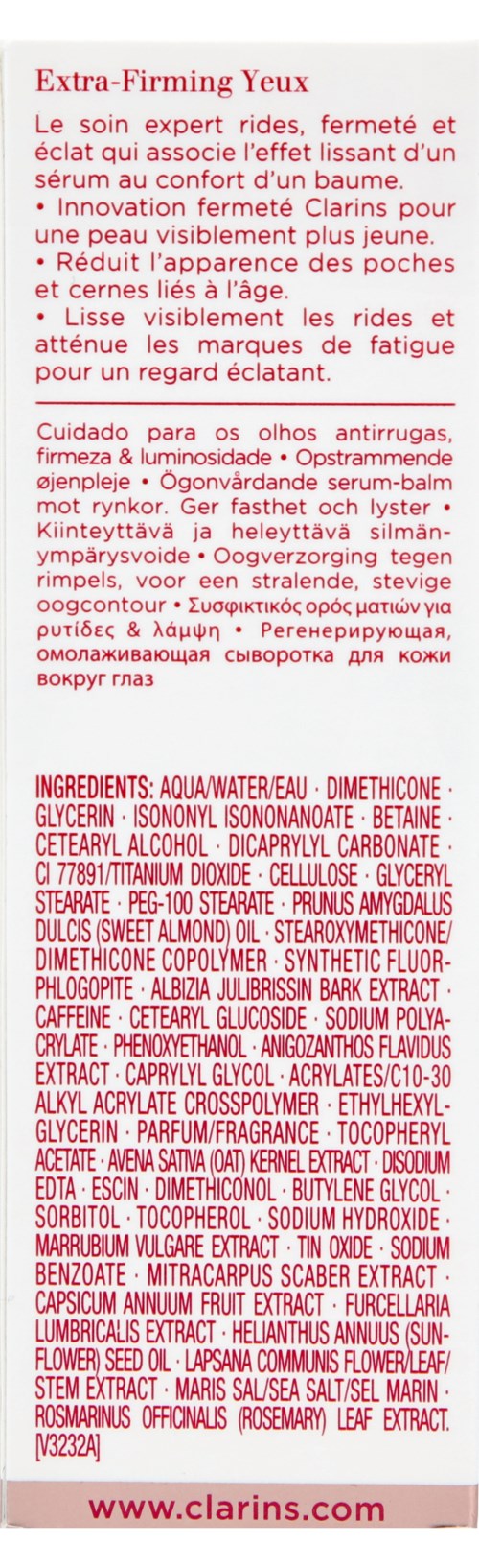 En etikett för en anti-rynkkream med ingredienser listade och en webbadress längst ner.
