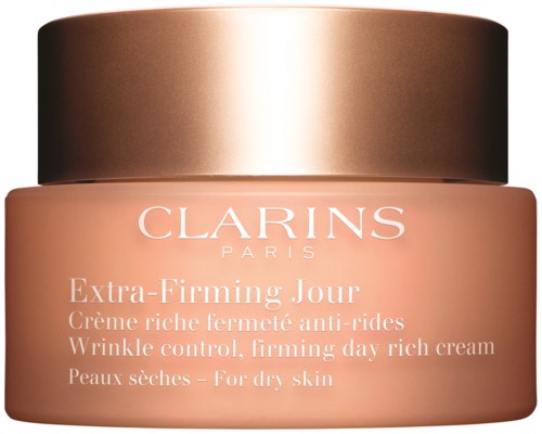 Słoik Clarins Extra-Firming Day Rich Cream do suchej skóry, zaprojektowany, aby zmniejszyć zmarszczki i ujędrnić skórę.