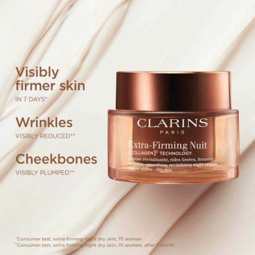 Purkin Clarins Extra-Firming Night -kermasta kultainen kansi, joka lupaa kiinteämpää ihoa ja vähemmän juonteita.