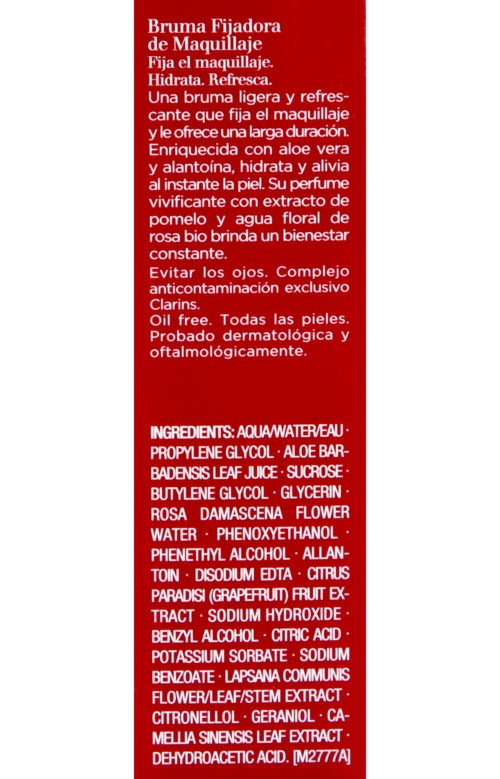 Röd etikett med vit text som beskriver en kosmetisk produkt, dess fördelar och ingredienser.