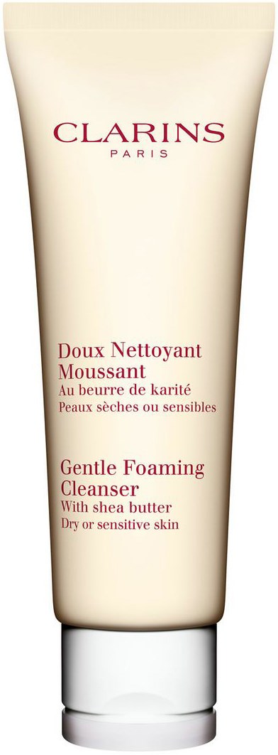En vit tub med Clarins milda rengöringsskum för torr eller känslig hud, med sheasmör.