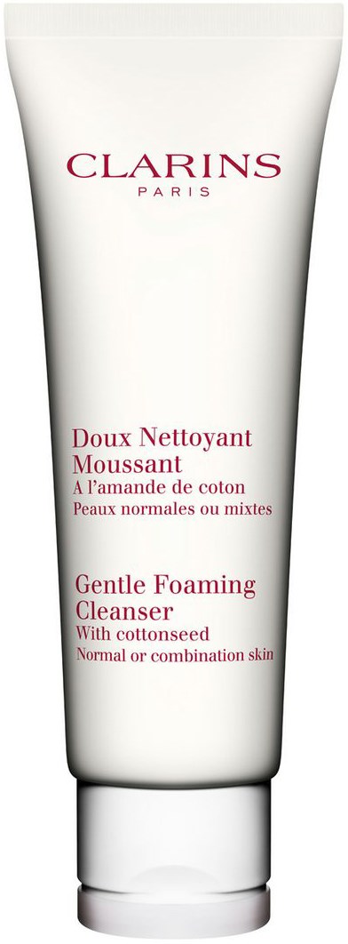 A white tube of Clarins Paris gentle foaming cleanser with cottonseed for normal or combination skin.