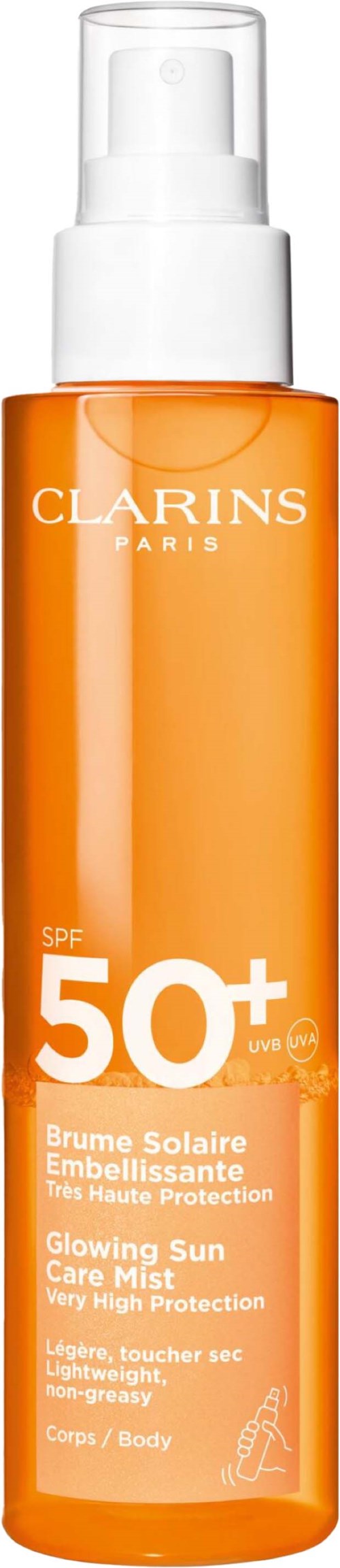 En orange flaska från Clarins med SPF 50+ solskydds spray för ansikte och kropp, med vit pump och tydligt lock.