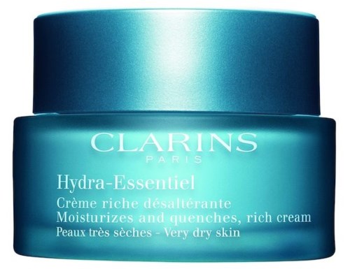 Ett blått glas med Clarins Hydra-Essentiel dagkräm för mycket torr hud.