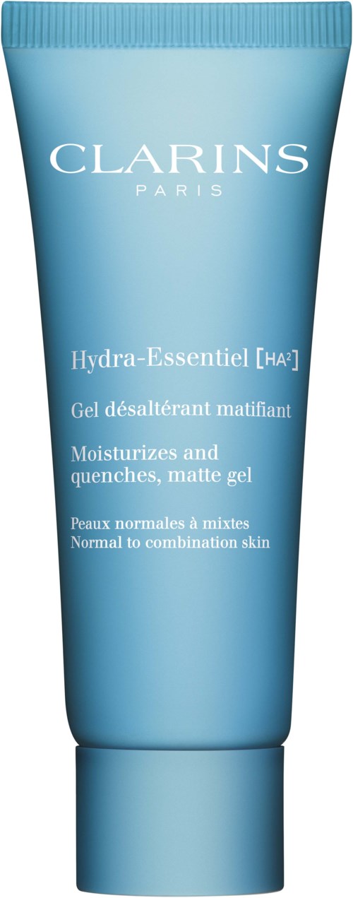 A blue tube of Clarins Hydra-Essentiel gel for normal to combo skin, moisturizing and matte, with brand name on front.