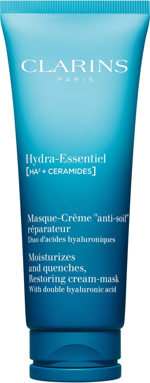 Blå tub med Clarins Hydra-Essentiel kräm-mask för att återfukta och reparera huden med hyaluronsyra.