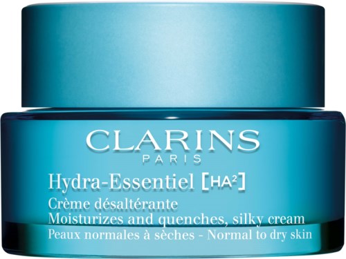 Sininen purkki Clarins Hydra-Essentiel kasvovoide normaalille ja kuivalle iholle kosteuden ja sameuden.