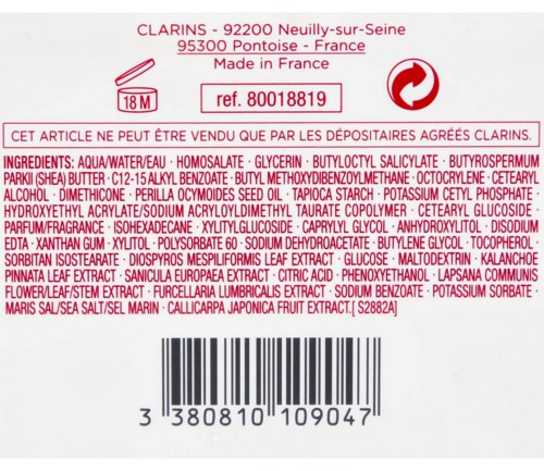 Etikett mit Inhaltsstoffen und Warnhinweisen, inklusive Wasser, Glycerin und Fruchtextrakten, Barcode und Recycling-Symbol.