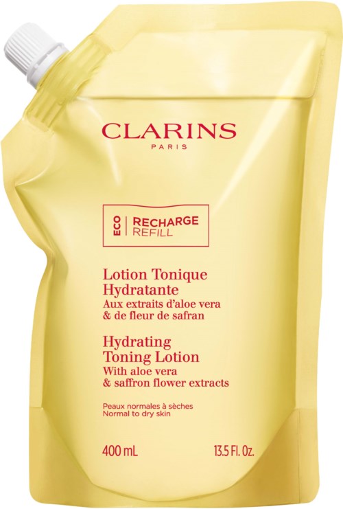 Ett gult påfyllningspåse för Clarins återfuktande toner med aloe vera och saffranblommor, 400 ml.