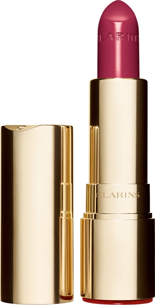 A pink lipstick in a shiny gold tube with the cap removed, revealing the lipstick.