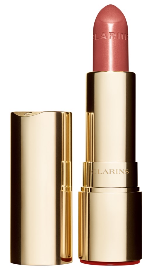 En rosa leppestift i en skinnende gullrør, uten lokk. Merket 'CLARINS' er svakt synlig.