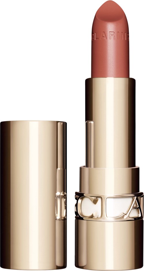 En beige och guld läppstift med avsatt lock, visar en rosa-brun färg.