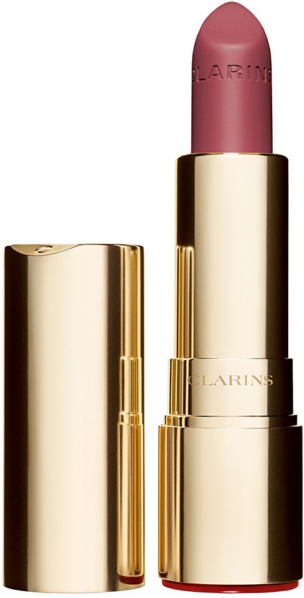Ett gullfarget leppestiftetui med en rosa leppestift inni. Leppestiftet har merkingen Clarins.