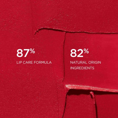 Statistikk om lippepleieformel og naturlige ingredienser på rød bakgrunn.