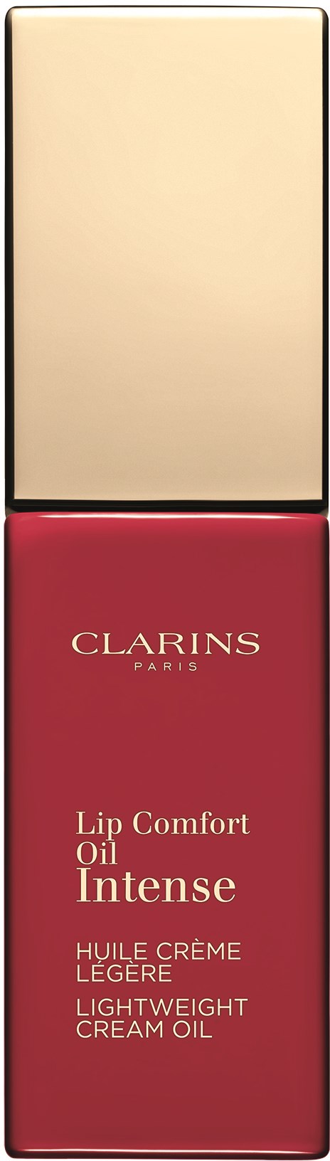 A red bottle of Clarins Lip Comfort Oil Intense with gold cap.