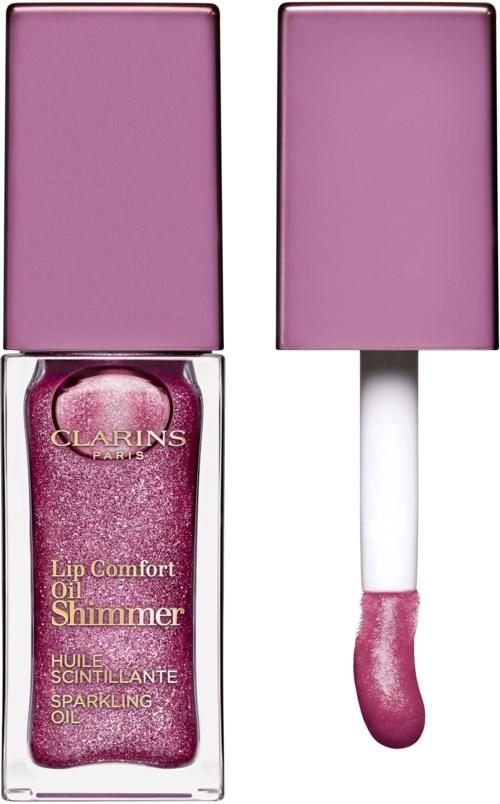 En rosa läppglansflaska med rosa lock, och en borste med rosa gloss.