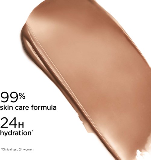 A cosmetics ad showing a creamy beige foundation or concealer with skincare benefits. Claims 99% skin care formula and 24-hour hydration.