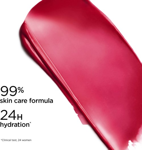 Ett rosa kosmetiskt produkt med text som visar 99% hudvårdsformel och 24-timmars hydrering, testad på 24 kvinnor.