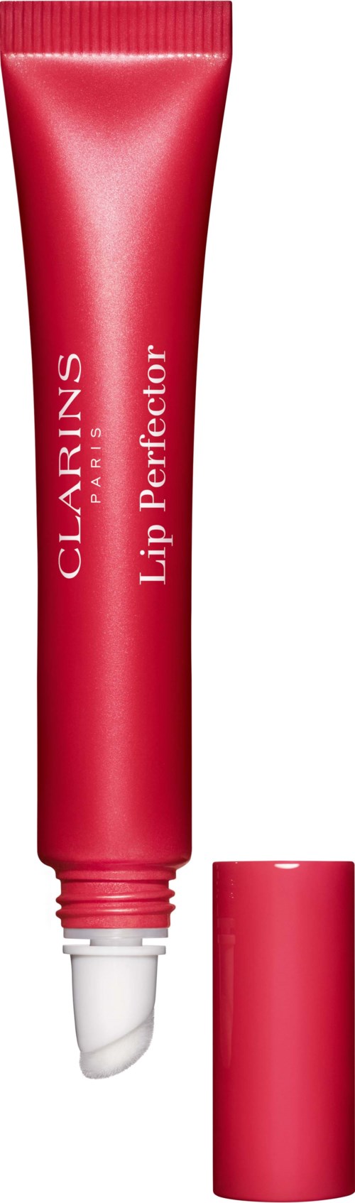 A pink tube labeled 'Clarins Lip Perfector' with the cap removed, showing the applicator.
