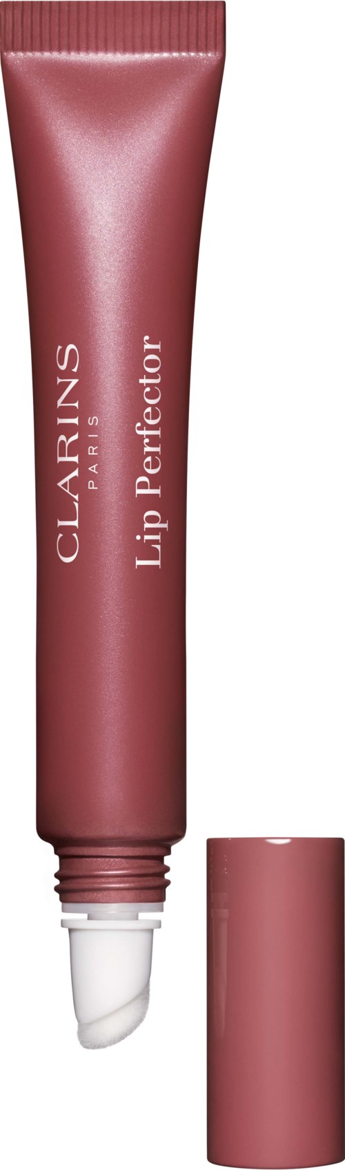 En rosa tube av Clarins Lip Perfector med en hvit applikator og lokk.