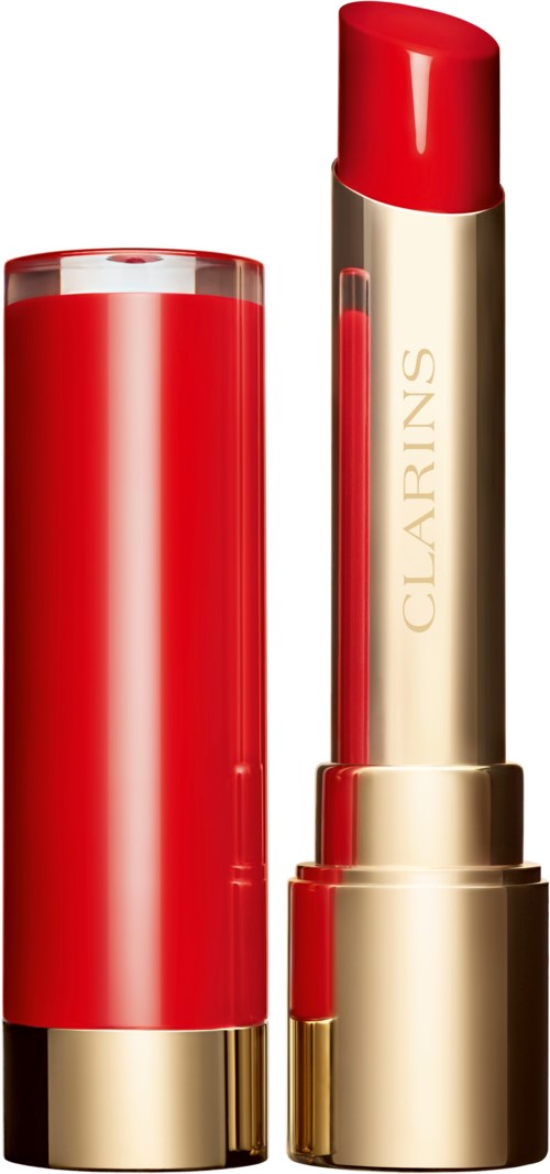 Ett rött och guld läppstift med märket "CLARINS" på, står upprätt bredvid sitt fodral.