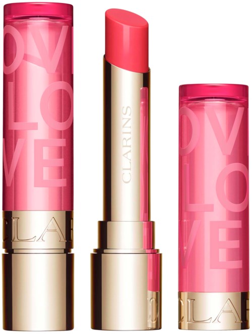 Ranskalainen huul lipstick pinkissä putkilossa, jossa lukee 'LOVE', ilman korkkia, logo pohjassa.