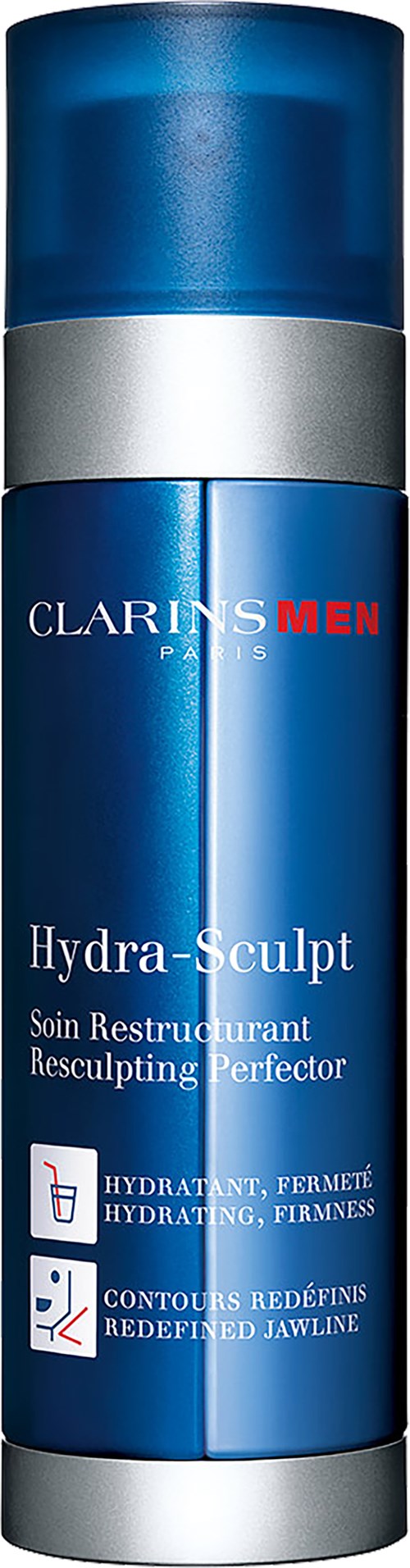 A blue cylindrical bottle with a silver band and label. The label shows the product name Hydrа-Scuplt and instructions.