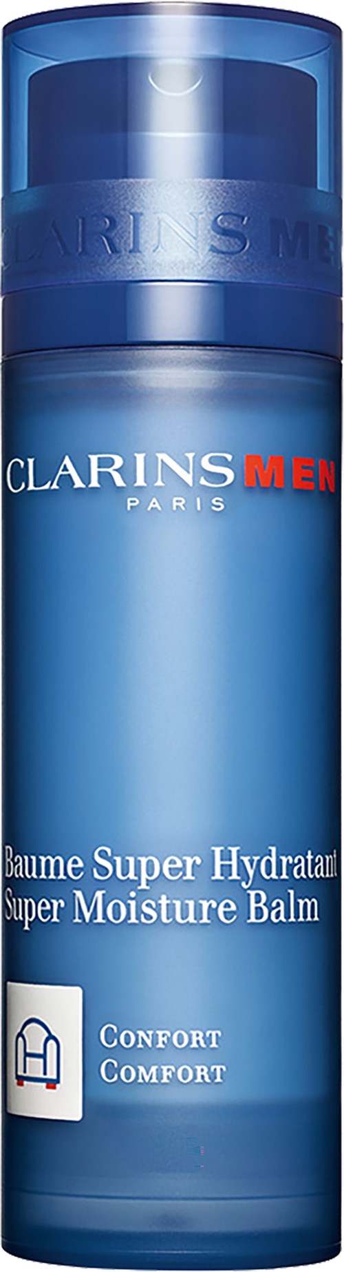 Blå flaska märkt 'Clarins Men Super Moisture Balm' med ordet 'Comfort' och en liten ikon.