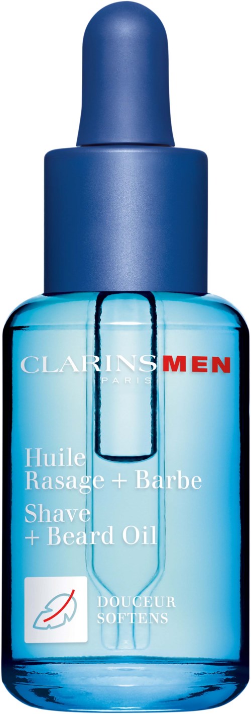 Blå flaska med skägg- och rakolja med dropper, märkt 'Clarins Men' och 'Douceur Soyeux'.
