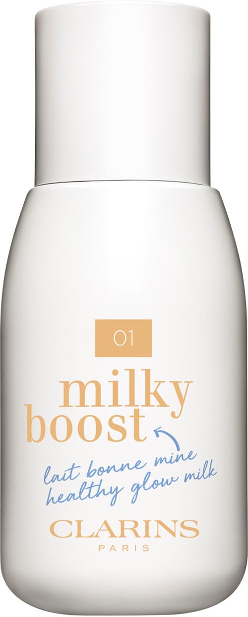 En vit flaska märkt 'Milky Boost' med en liten beige kvadrat och Clarins logotyp längst ner.
