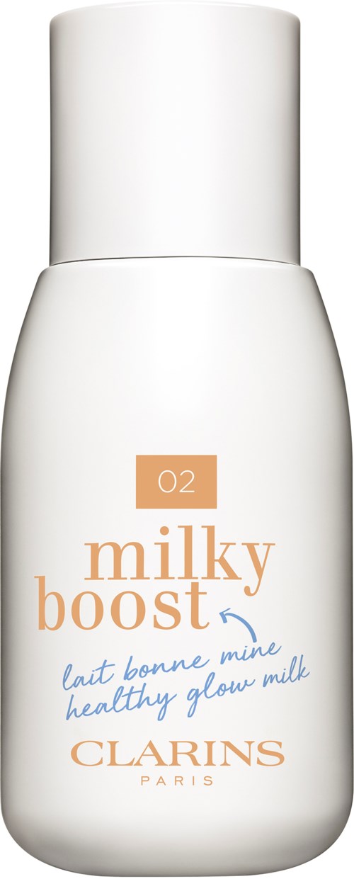 Biała butelka z pomarańczowym i niebieskim tekstem, oznaczona 'Milky Boost' przez Clarins Paris, promująca zdrowe glow mleko.