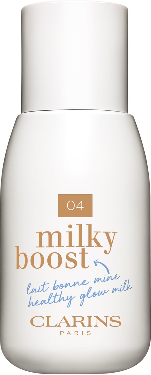Biała butelka produktu Clarins Milky Boost do pielęgnacji skóry z beżową etykietą i niebieskim pismem odręcznym.