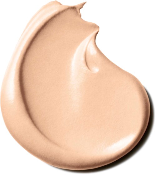 A beige-colored foundation or cream spread in a smooth, curved shape on a white background.